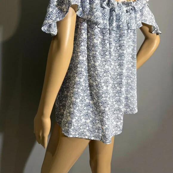 Blue & White Off-Shoulder Ruffle Top - Picture 3 of 6